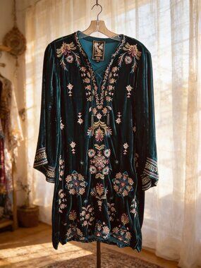 Johnny Was Brandi Embroidered Velvet Mini Dress Peacock Boho Small